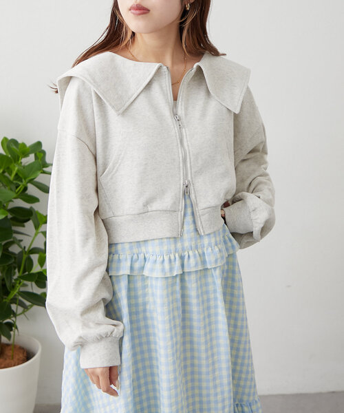 w closet(ダブルクローゼット)の「セーラー衿Wジップスウェット(パーカー・レディース・アイボリー/ライム/チャコールグレー/ピンク・FREE)」の6枚目の写真