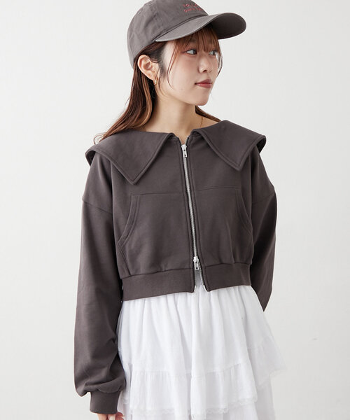 w closet(ダブルクローゼット)の「セーラー衿Wジップスウェット(パーカー・レディース・アイボリー/ライム/チャコールグレー/ピンク・FREE)」の15枚目の写真