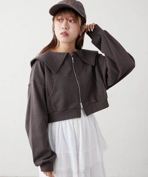w closet(ダブルクローゼット)の「セーラー衿Wジップスウェット(パーカー・レディース・アイボリー/ライム/チャコールグレー/ピンク・FREE)」の16枚目の写真