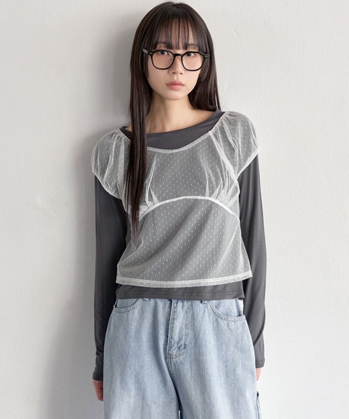 tシャツ 「UNE ORIGINAL」「レイヤードSET」3WAYシースルーレイヤードドットショルダーパフ半袖T＆ラフUネックベーシックカットソーSE セール】【UNE ORIGINAL】【レイヤードSET】3WAYシースルー