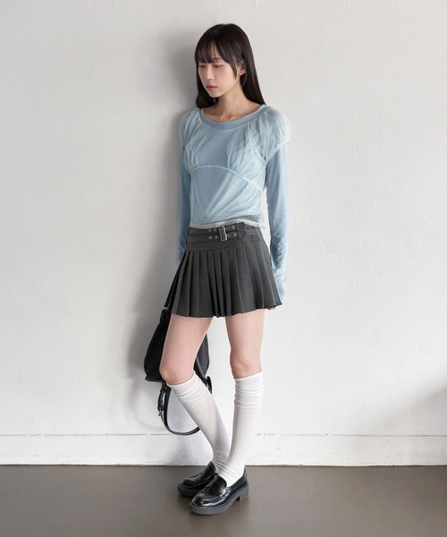 tシャツ 「UNE ORIGINAL」「レイヤードSET」3WAYシースルーレイヤードドットショルダーパフ半袖T＆ラフUネックベーシックカットソーSE セール】【UNE ORIGINAL】【レイヤードSET】3WAYシースルー