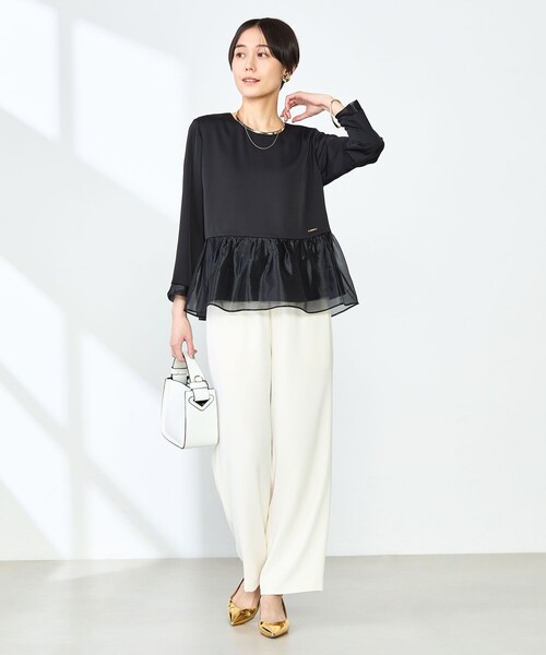 美品　オーガンギャザーブラウス　ベージュ ブラウス 前後2way ネックギャザー 長袖 ベージュ レディース(M
