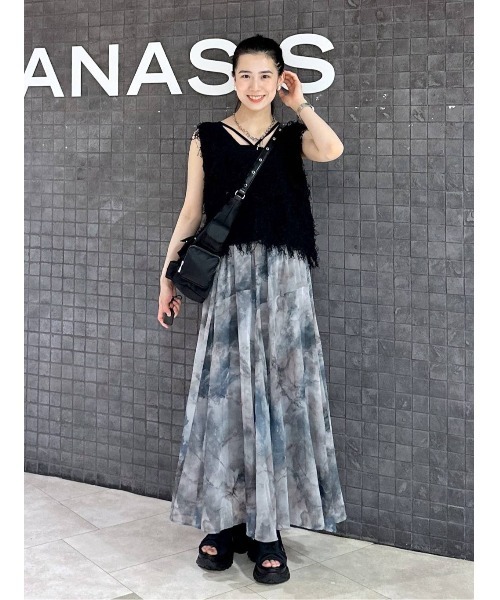 JEANASIS【選べる着丈】ニュアンスプリントフレアスカートグレー系 JEANASIS スカート 「選べる着丈」ニュアンスプリントフレア