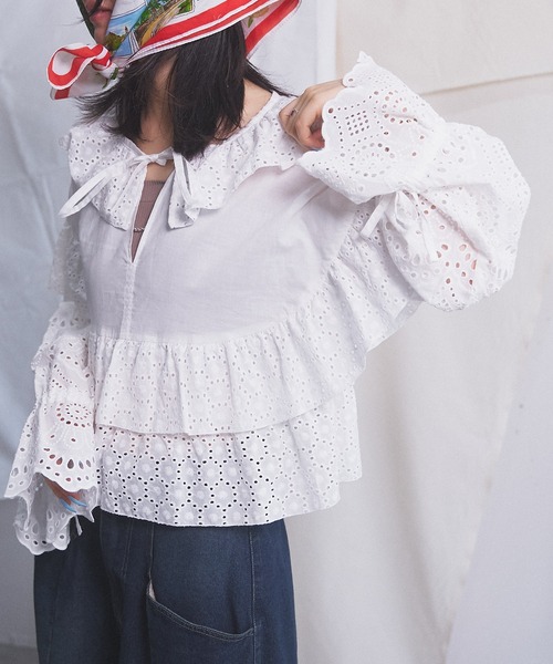 MIDVEIN（ミッドヴェイン）の「COTTON RACE BLOUSE（シャツ/ブラウス・レディース・ホワイト/ブラック・FREE）」の6枚目の写真