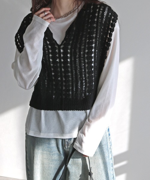 キーネッククロシェ編みかぎ針ニットベスト（ベスト）｜COURO（コウロ