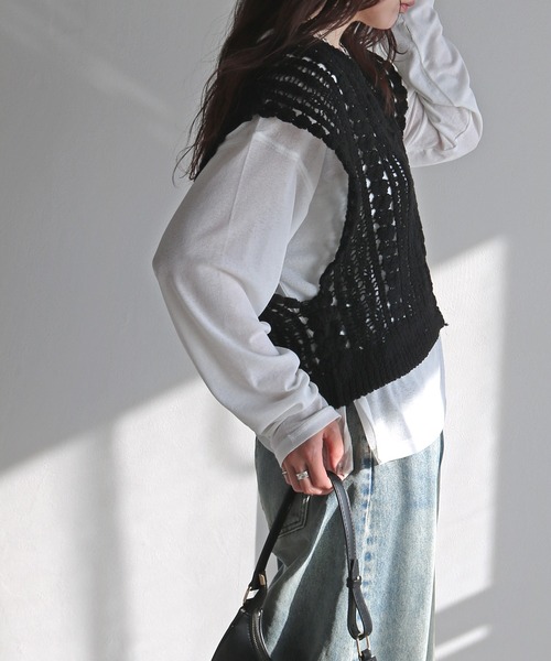 キーネッククロシェ編みかぎ針ニットベスト（ベスト）｜COURO（コウロ