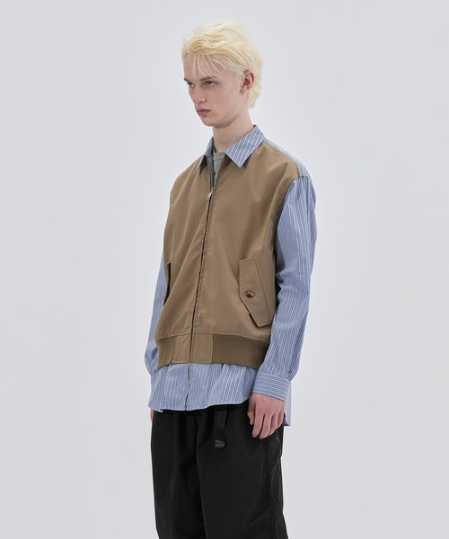 セール】綿ストライプ×エステルツイル 切換シャツ（シャツ/ブラウス