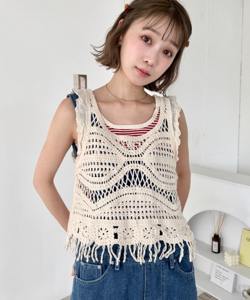 【✨️45R✨️美品✨️】コットンフリンジベスト セール】フェザーフリンジベスト（ベスト）｜hellam（へラム）の