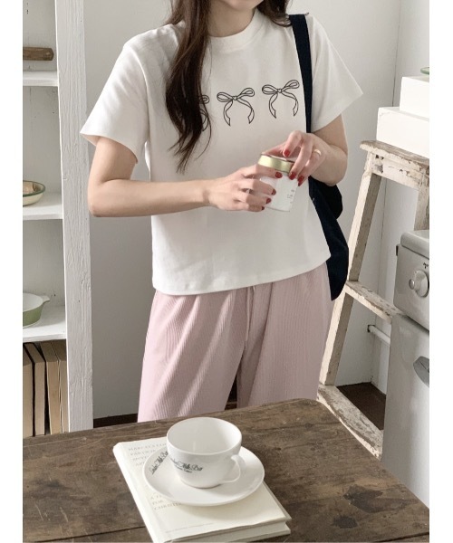 SALTMINT(ソルトミント)の「《韓国ファッション》コットンリボン半袖Tシャツ(Tシャツ/カットソー・レディース・ブラック/グレー/ホワイト・FREE)」の5枚目の写真