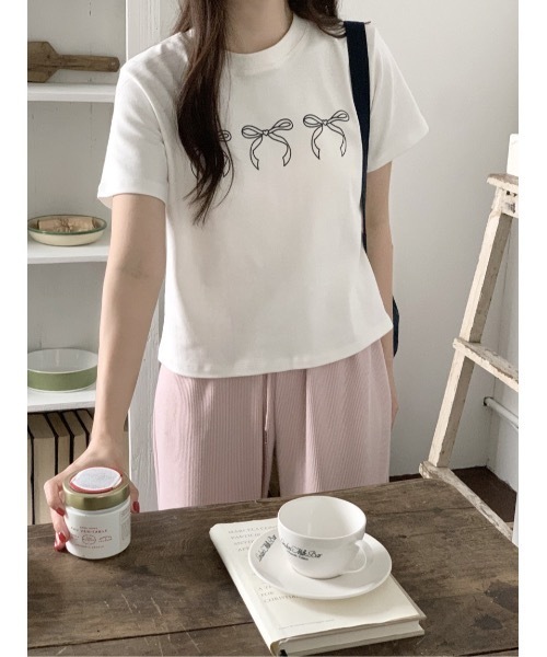 SALTMINT(ソルトミント)の「《韓国ファッション》コットンリボン半袖Tシャツ(Tシャツ/カットソー・レディース・ブラック/グレー/ホワイト・FREE)」の6枚目の写真