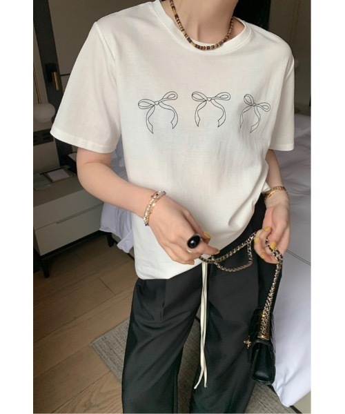 SALTMINT(ソルトミント)の「《韓国ファッション》コットンリボン半袖Tシャツ(Tシャツ/カットソー・レディース・ブラック/グレー/ホワイト・FREE)」の4枚目の写真