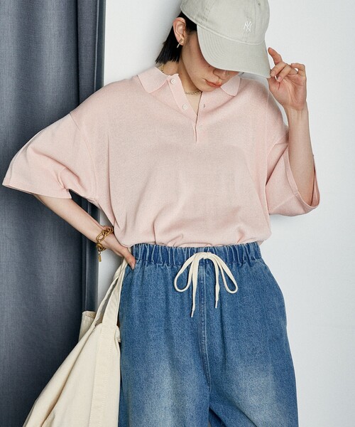 FREAK'S STORE（フリークスストア）の「ウォッシャブル サマーニットポロ/シアーポロニット/洗えるニット（ポロシャツ・レディース・ネイビー/ピンク/ブラック/オフホワイト/ナチュラル/ブラウン・ﾌﾘ-）」の11枚目の写真
