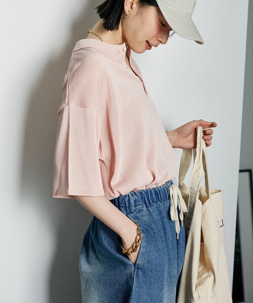 FREAK'S STORE（フリークスストア）の「ウォッシャブル サマーニットポロ/シアーポロニット/洗えるニット（ポロシャツ・レディース・ネイビー/ピンク/ブラック/オフホワイト/ナチュラル/ブラウン・ﾌﾘ-）」の13枚目の写真