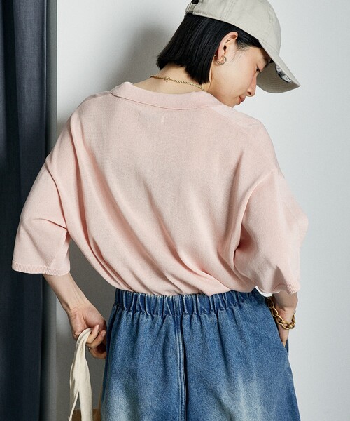 FREAK'S STORE（フリークスストア）の「ウォッシャブル サマーニットポロ/シアーポロニット/洗えるニット（ポロシャツ・レディース・ネイビー/ピンク/ブラック/オフホワイト/ナチュラル/ブラウン・ﾌﾘ-）」の14枚目の写真
