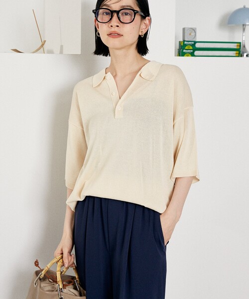 FREAK'S STORE（フリークスストア）の「ウォッシャブル サマーニットポロ/シアーポロニット/洗えるニット（ポロシャツ・レディース・ネイビー/ピンク/ブラック/オフホワイト/ナチュラル/ブラウン・ﾌﾘ-）」の20枚目の写真