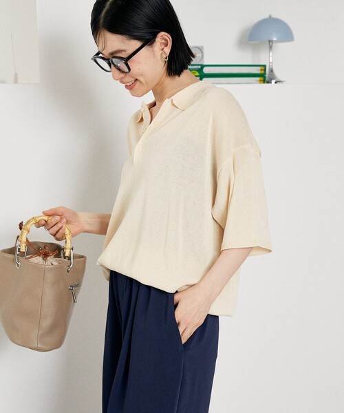 FREAK'S STORE（フリークスストア）の「ウォッシャブル サマーニットポロ/シアーポロニット/洗えるニット（ポロシャツ・レディース・ネイビー/ピンク/ブラック/オフホワイト/ナチュラル/ブラウン・ﾌﾘ-）」の21枚目の写真