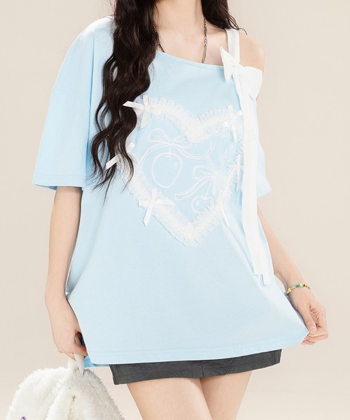 HOOK(フック)の「【HOOK】for girls ハートレースリボンTシャツ (SS)(Tシャツ/カットソー・レディース・ホワイト/ブラック/ブルー・SMALL/MEDIUM)」の3枚目の写真