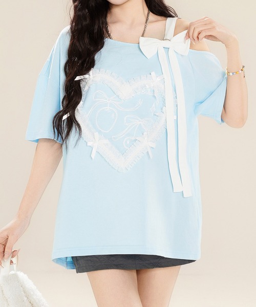 HOOK(フック)の「【HOOK】for girls ハートレースリボンTシャツ (SS)(Tシャツ/カットソー・レディース・ホワイト/ブラック/ブルー・SMALL/MEDIUM)」の9枚目の写真