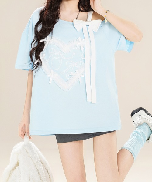 HOOK(フック)の「【HOOK】for girls ハートレースリボンTシャツ (SS)(Tシャツ/カットソー・レディース・ホワイト/ブラック/ブルー・SMALL/MEDIUM)」の10枚目の写真