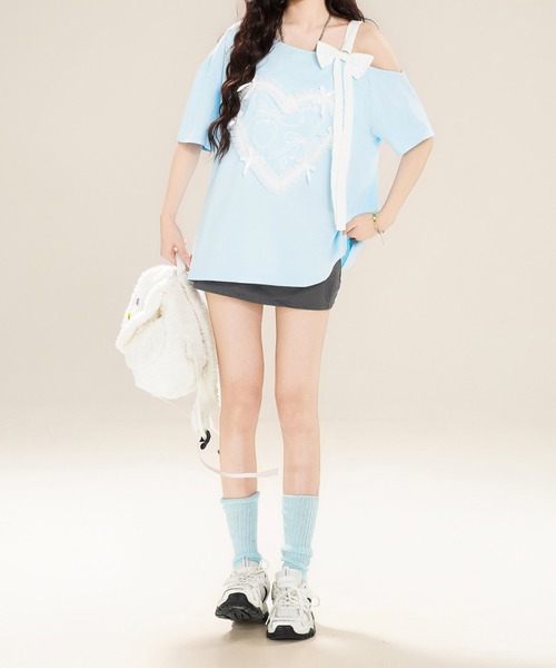 HOOK(フック)の「【HOOK】for girls ハートレースリボンTシャツ (SS)(Tシャツ/カットソー・レディース・ホワイト/ブラック/ブルー・SMALL/MEDIUM)」の4枚目の写真