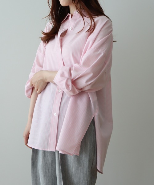 Green　Parks（グリーンパークス）の「綿麻混レギュラーカラーBIGシルエットシャツ（シャツ/ブラウス・レディース・グリーン系その他3/イエロー系その他2/サックスブルー/ピンク系その他/ブルー系その他6・FREE）」の13枚目の写真