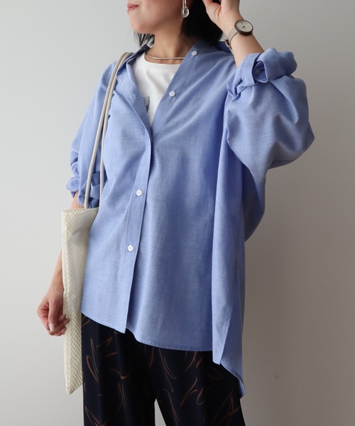 Green　Parks（グリーンパークス）の「綿麻混レギュラーカラーBIGシルエットシャツ（シャツ/ブラウス・レディース・グリーン系その他3/イエロー系その他2/サックスブルー/ピンク系その他/ブルー系その他6・FREE）」の10枚目の写真