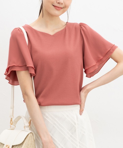 Honeys（ハニーズ）の「【ハニさら・接触冷感・ＵＶカット】ハートネックトップス（Tシャツ/カットソー・レディース・オレンジ系その他/アイボリー/サックスブルー/ブラック/ボルドー・L/LL/M/S）」の5枚目の写真