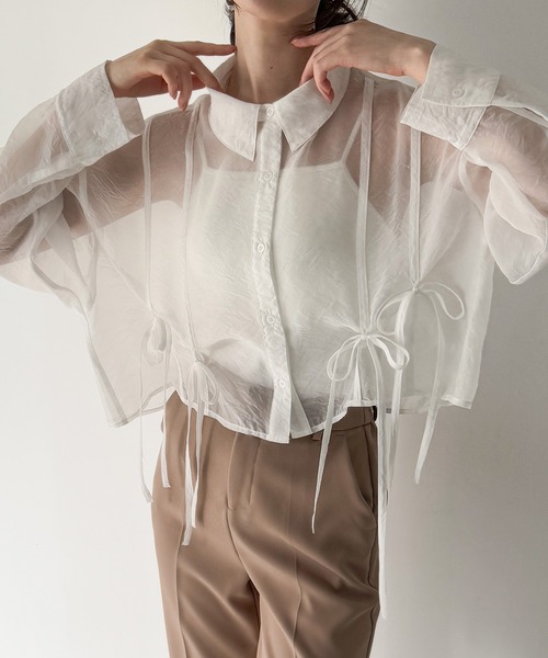 junoah(ジュノア)の「リボンタックシアーシャツ(シャツ/ブラウス・レディース・ブラック/クリーム/ホワイト・SMALL/MEDIUM/LARGE)」の6枚目の写真