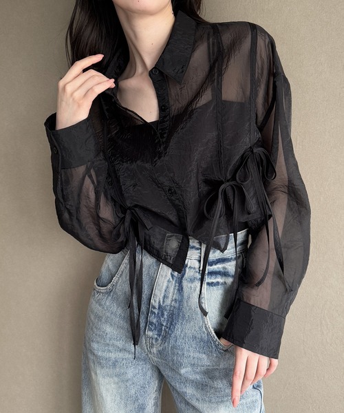 junoah(ジュノア)の「リボンタックシアーシャツ(シャツ/ブラウス・レディース・ブラック/クリーム/ホワイト・SMALL/MEDIUM/LARGE)」の9枚目の写真