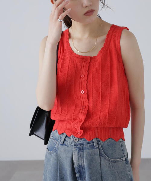 FREE'S MART（フリーズマート）の「スカラップ編みニットタンクトップ（ニット/セーター・レディース・ブラック/ホワイト/レッド・FREE）」の8枚目の写真