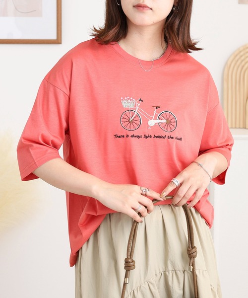 BRODIAEA(ブローディア)の「BRODIAEA 自転車刺繍半袖Tシャツ(Tシャツ/カットソー・レディース・オフホワイト/ライム/コーラル/ネイビー・40)」の10枚目の写真