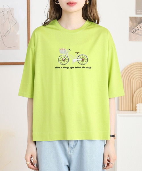 BRODIAEA(ブローディア)の「BRODIAEA 自転車刺繍半袖Tシャツ(Tシャツ/カットソー・レディース・オフホワイト/ライム/コーラル/ネイビー・40)」の12枚目の写真