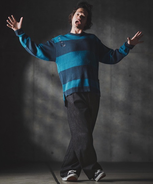 GLIMCLAP(グリムクラップ)の「mp13871-Denim wide-leg trousers-Distressed for a vintage look- デニムパンツ(デニムパンツ・メンズ・インディゴブルー/コバルトブルー/ライトグレー/ブラック・S/M/L)」の21枚目の写真