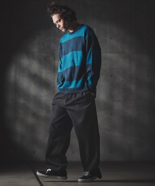 GLIMCLAP(グリムクラップ)の「mp13871-Denim wide-leg trousers-Distressed for a vintage look- デニムパンツ(デニムパンツ・メンズ・インディゴブルー/コバルトブルー/ライトグレー/ブラック・S/M/L)」の22枚目の写真