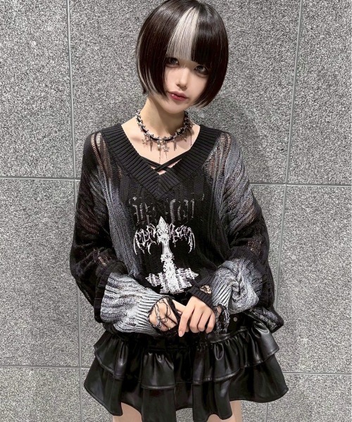 REFLEM レフレム　セーター　ブラック　黒 REFLEM/レフレム』顔料加工ダメージニットPO（ニット/セーター