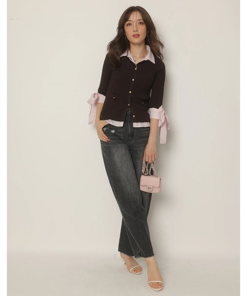 袖リボンレイヤードリブニット アプワイザー・リッシェ Apuweiser-riche 袖リボンレイヤード