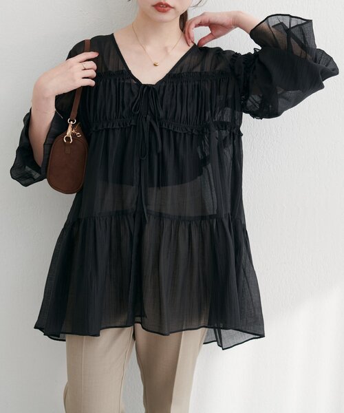 natural couture（ナチュラルクチュール）の「【WEB限定】ギャザーティアードロングブラウス（シャツ/ブラウス・レディース・レッド系その他/モカ/グリーン系その他/ブラック/オフホワイト・FREE）」の11枚目の写真