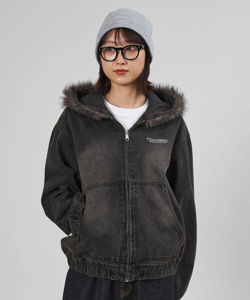 FFEIN（フェイン）の「【FFEIN（フェイン）】ヴィンテージライクデニムファーブルゾン / デニム ジャケット ボア ジップパーカー フーディ 刺繍 加工（パーカー・メンズ・ブラック/ブラウン・SMALL/MEDIUM）」の9枚目の写真