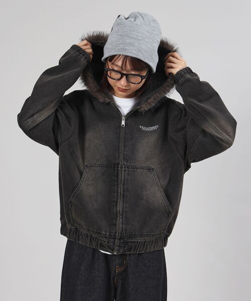 FFEIN（フェイン）の「【FFEIN（フェイン）】ヴィンテージライクデニムファーブルゾン / デニム ジャケット ボア ジップパーカー フーディ 刺繍 加工（パーカー・メンズ・ブラック/ブラウン・SMALL/MEDIUM）」の10枚目の写真
