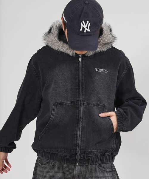 FFEIN（フェイン）の「【FFEIN（フェイン）】ヴィンテージライクデニムファーブルゾン / デニム ジャケット ボア ジップパーカー フーディ 刺繍 加工（パーカー・メンズ・ブラック/ブラウン・SMALL/MEDIUM）」の15枚目の写真