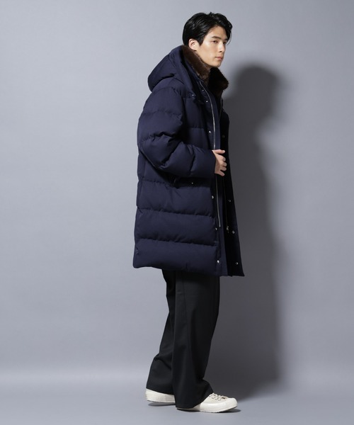 高級　ナノユニバース　西川ダウン　コラボ　ロングダウンコート　フード　 ネイビー 西川ダウン(R)」フェイクファーカラーサージロングダウン（ダウン