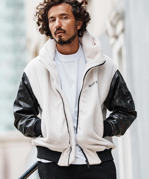 mj11047-Synthetic Leather Combination Boa Hooded Blouson