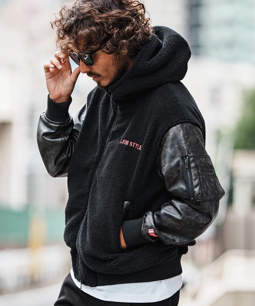 felkod(フィルコッド)の「mj11047-Synthetic Leather Combination Boa Hooded Blouson フーデッドブルゾン(F25F030)(ブルゾン・メンズ・ブラック/ホワイト×ブラック・S/M/L)」の11枚目の写真