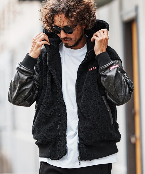 mj11047-Synthetic Leather Combination Boa Hooded Blouson