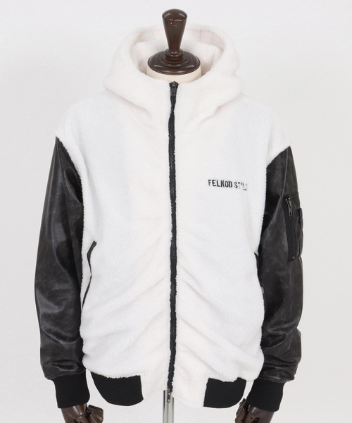 mj11047-Synthetic Leather Combination Boa Hooded Blouson