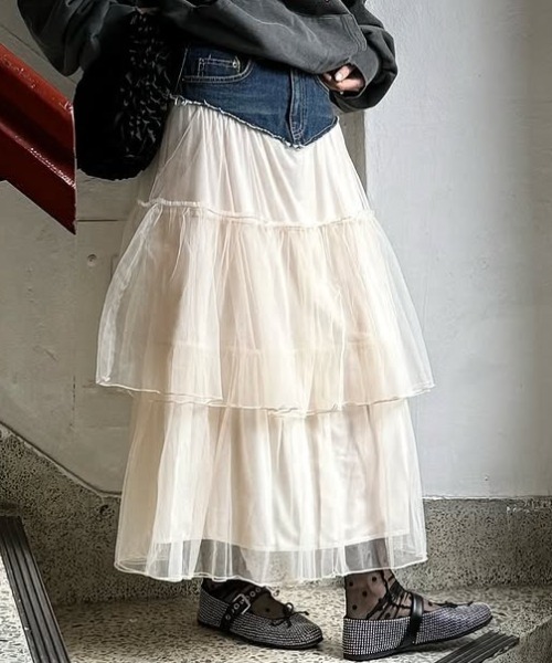 Aelina（エリナ）の「デニム切り替えチュールスカート（スカート・レディース・ベージュ/ブラック・M/S）」の12枚目の写真