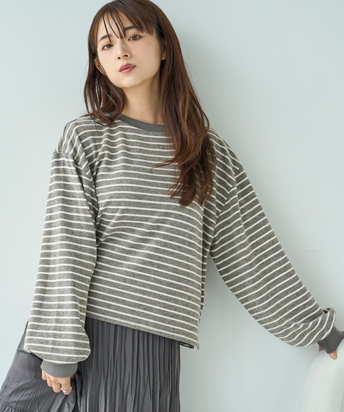 mil(ミル)の「ボリューム袖 ボーダーロンT【588093】(Tシャツ/カットソー・レディース・ブラック×ホワイト/ライトグレー/ホワイト×グレー・XS/S)」の6枚目の写真
