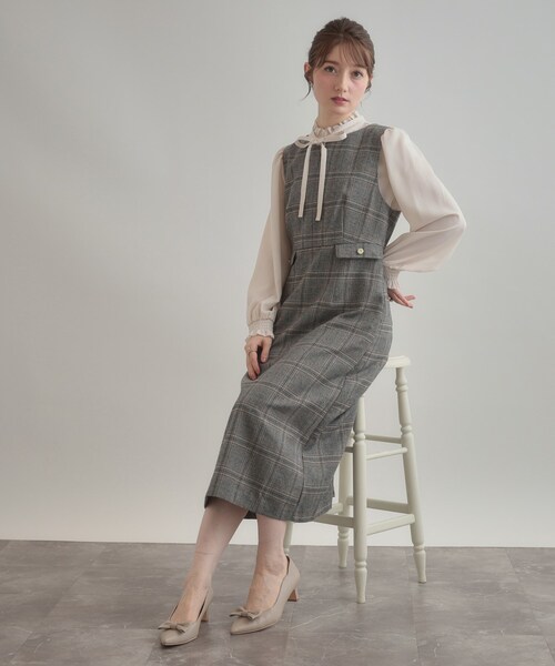 couture brooch（クチュールブローチ）の「【美シルエット・大人可愛い・通勤】TRチェックジャンスカ（ワンピース・レディース・ブラウン系その他2/ブラック系1・36/38/40/42）」の5枚目の写真