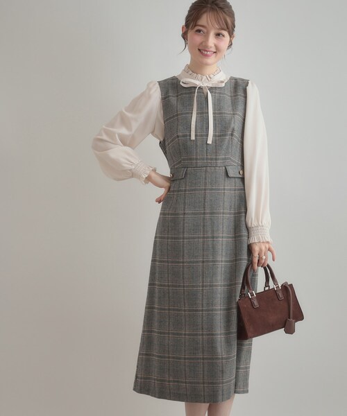 couture brooch（クチュールブローチ）の「【美シルエット・大人可愛い・通勤】TRチェックジャンスカ（ワンピース・レディース・ブラウン系その他2/ブラック系1・36/38/40/42）」の6枚目の写真