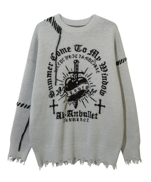 Ressaca（レサーカ）の「オーバーサイズダメージ加工クロス柄ハンドステッチニット（ニット/セーター・メンズ・ブラック/グレー・L/XL/M）」の2枚目の写真